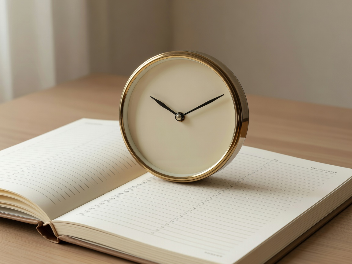 Analog clock sitting on a structured daily planner