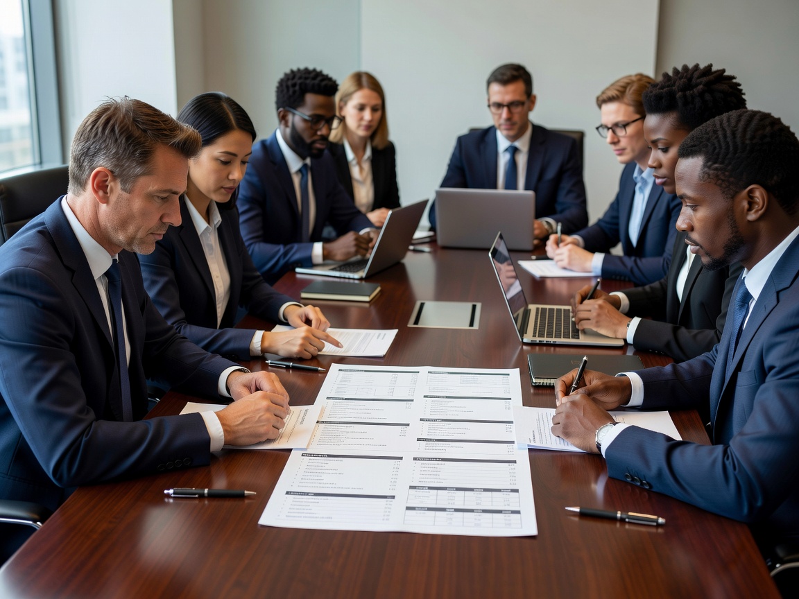 Conference table with focused professionals looking at a structured agenda