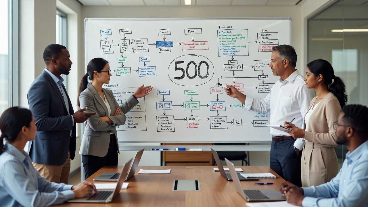 Group of diverse professionals looking at a whiteboard with structured meeting notes