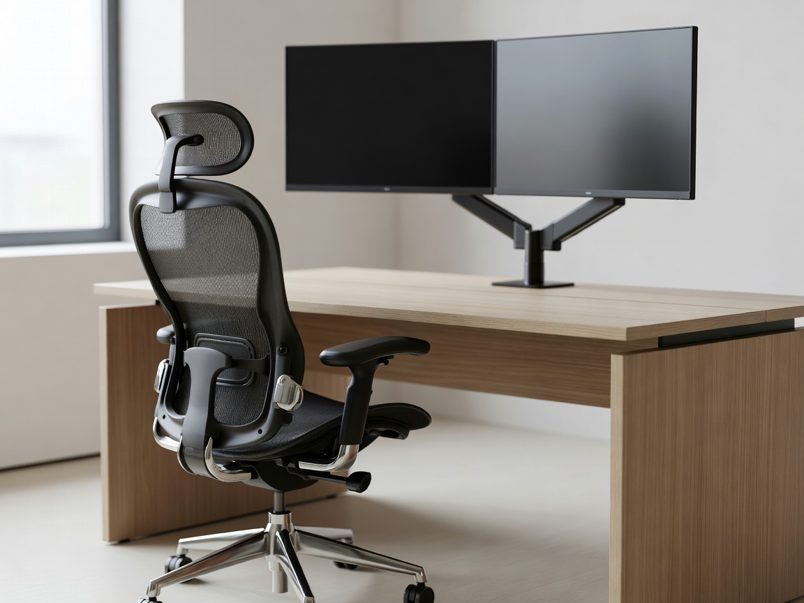 Modern desk setup with ergonomic chair and raised dual monitors