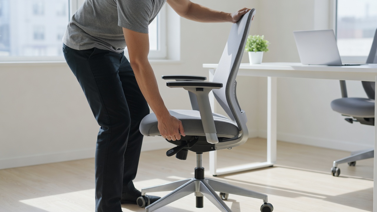 Person adjusting the height of an ergonomic office chair in a bright room