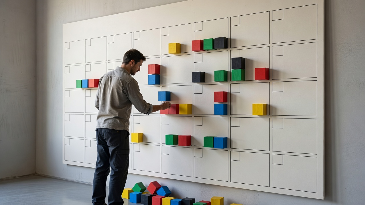 Person arranging colored blocks on a large physical wall calendar