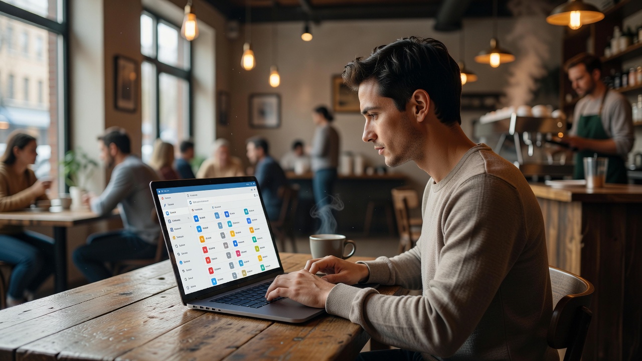 Person sorting emails on a modern laptop in a coffee shop setting