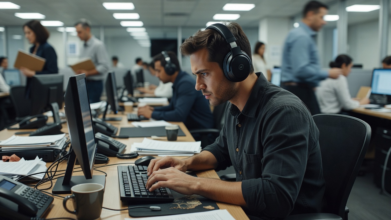 Person typing intensely while wearing noise-canceling headphones in a busy office