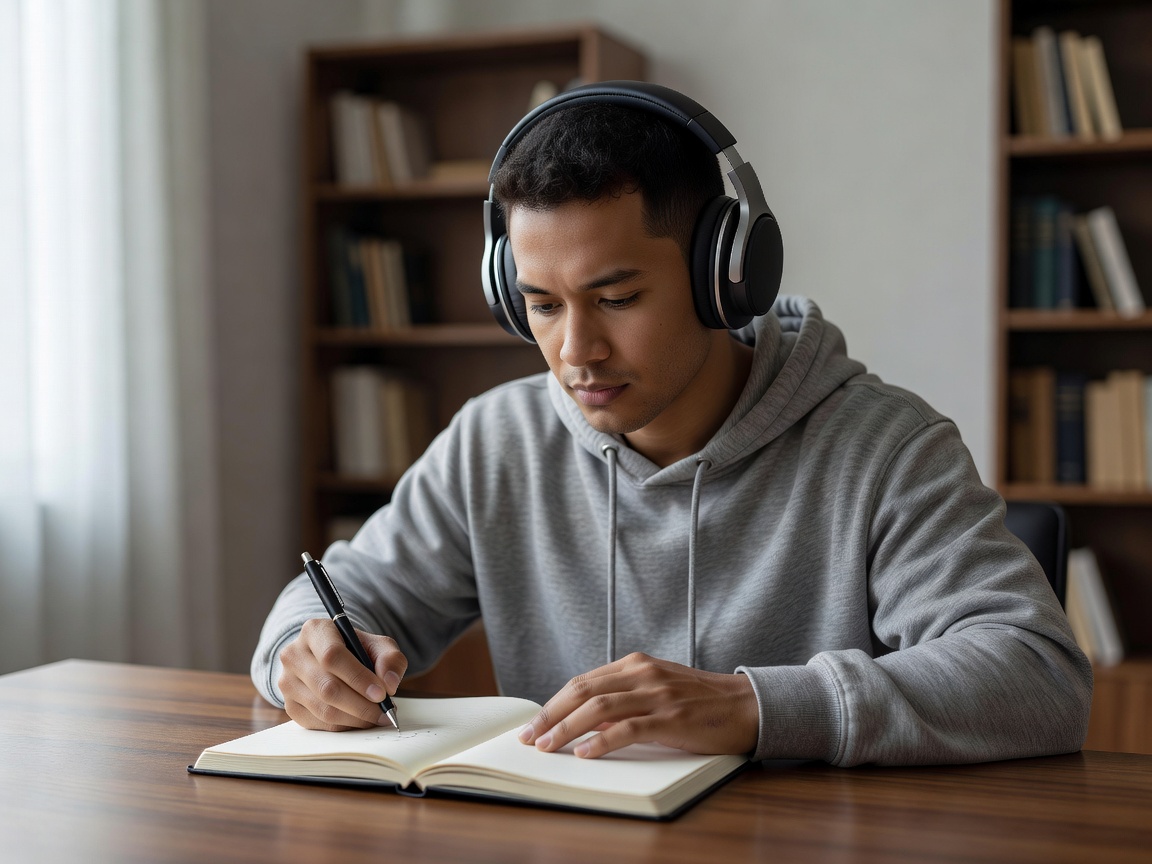 Person wearing noise-canceling headphones writing in a notebook